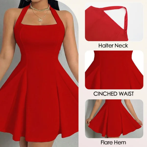 Vestido Elegante A-Line, Gola Halter, Decote Quadrado, Plissado - Image 2