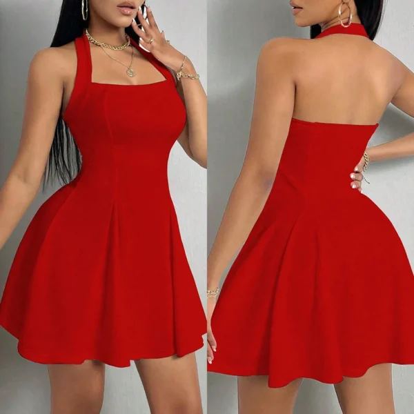 Vestido Elegante A-Line, Gola Halter, Decote Quadrado, Plissado - Image 6