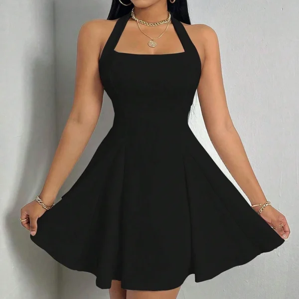 Vestido Elegante A-Line, Gola Halter, Decote Quadrado, Plissado - Image 7